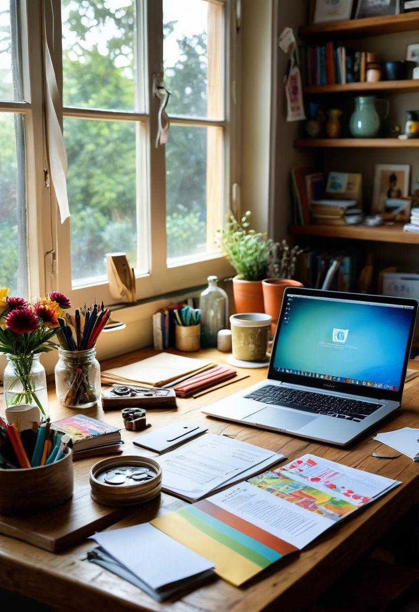 An inviting workspace filled with colorful upcycled materials, like jars, fabric scraps, and wooden pieces, arranged creatively on a large wooden table. In the background, a laptop displays a bright blog page titled 'Digital Diaries'. Soft natural light filters through a window, casting a warm glow on the scene, inspiring creativity and sharing. The image has a cozy, homely vibe. vibrant colors. super-realistic.