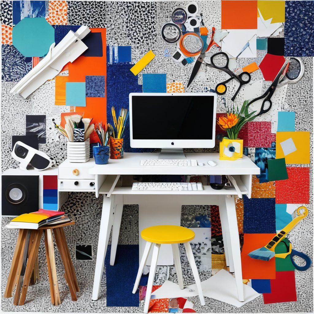 A vibrant collage showcasing various upcycled items like furniture, fashion accessories, and decor, all seamlessly blending digital elements like pixelated graphics and augmented reality features. Include tools like scissors, paintbrushes, and digital devices to symbolize creativity and technology. The background should be a bright, abstract pattern reflecting innovation and sustainability. super-realistic. vibrant colors. white background.