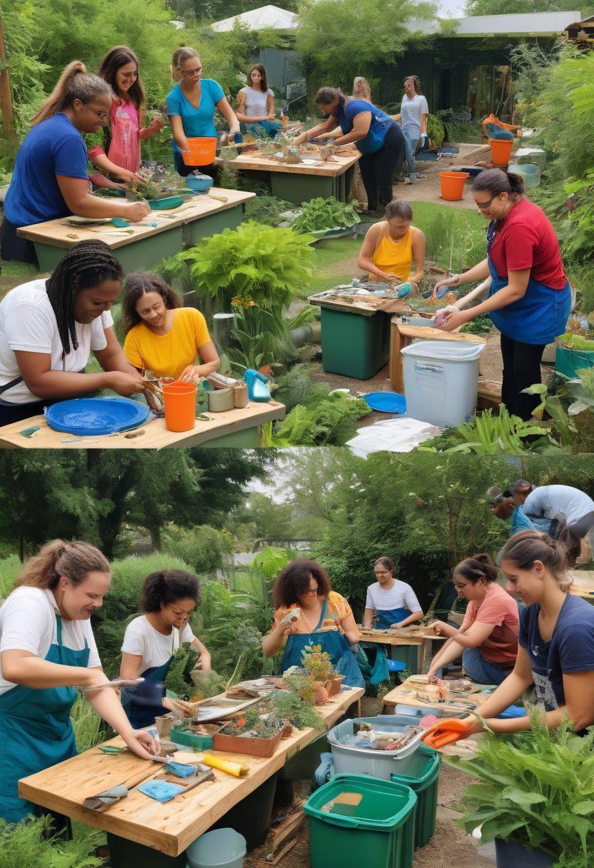 A colorful collage depicting innovative recycling techniques: a vibrant community workshop where people are creatively transforming waste materials into art, a lush garden flourishing with plants grown in repurposed containers, and a backdrop of a restored urban environment showcasing sustainable architecture. The scene is filled with engaging elements like smiling faces, tools, and nature intertwining with man-made structures. bright colors. dynamic composition.